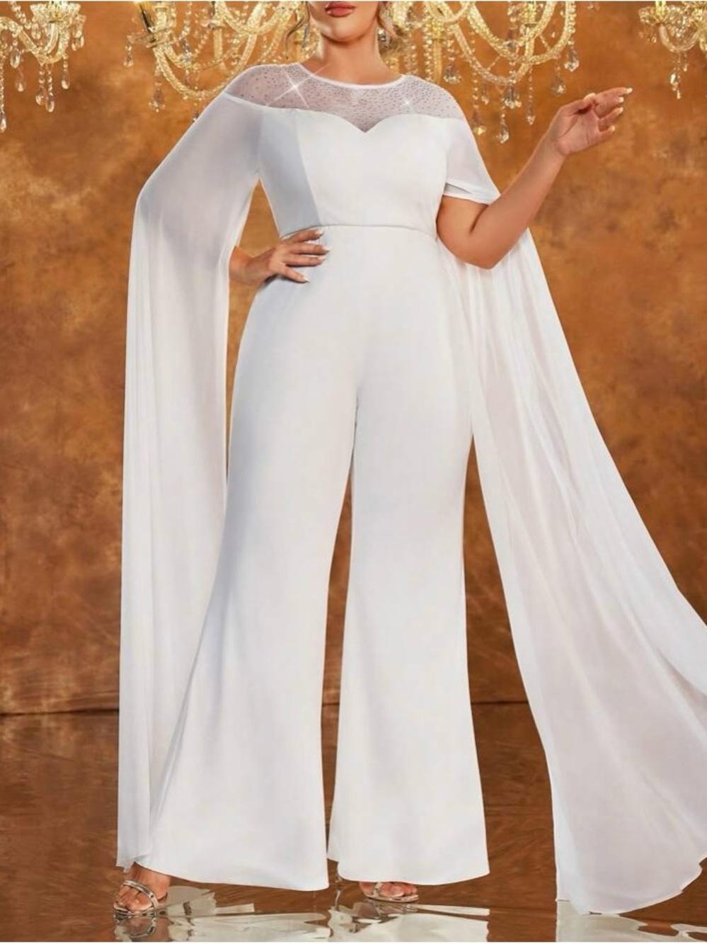 SHEIN White Wide-Leg Jumpsuit with Sheer Embellished Cape